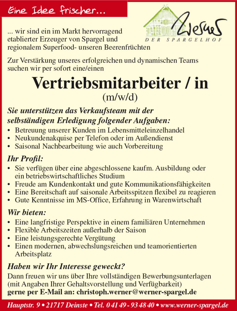 Vertriebsmitarbeiter/in gesucht - Werner OHG